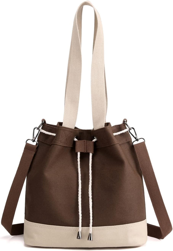 PORRASSO Damen Schultertasche Canvas Tote Umhängentasche Kordelzug Beuteltasche Mädchen Handtasche C