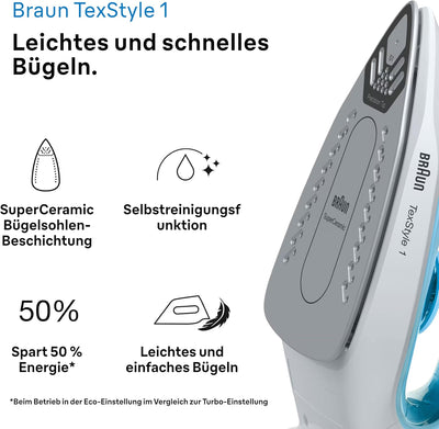 Braun TexStyle 1 Dampfbügeleisen SI 1050BL - Bügeleisen mit SuperCeramic Bügelsohle, Vertikaldampf,