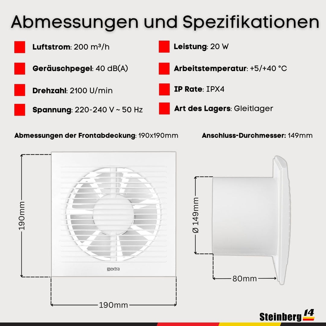 Steinberg14 Badlüfter Ø 150mm Weiss mit Zugschnur und Stecker - Abluftventilator Ventilator Lüfter B