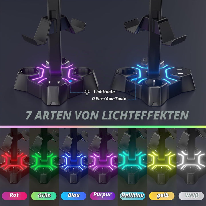 KDD Headset Halterung Led mit USB Ladestation, Controller Halterung &amp; Kopfhörer Ständer Tisch mit 2
