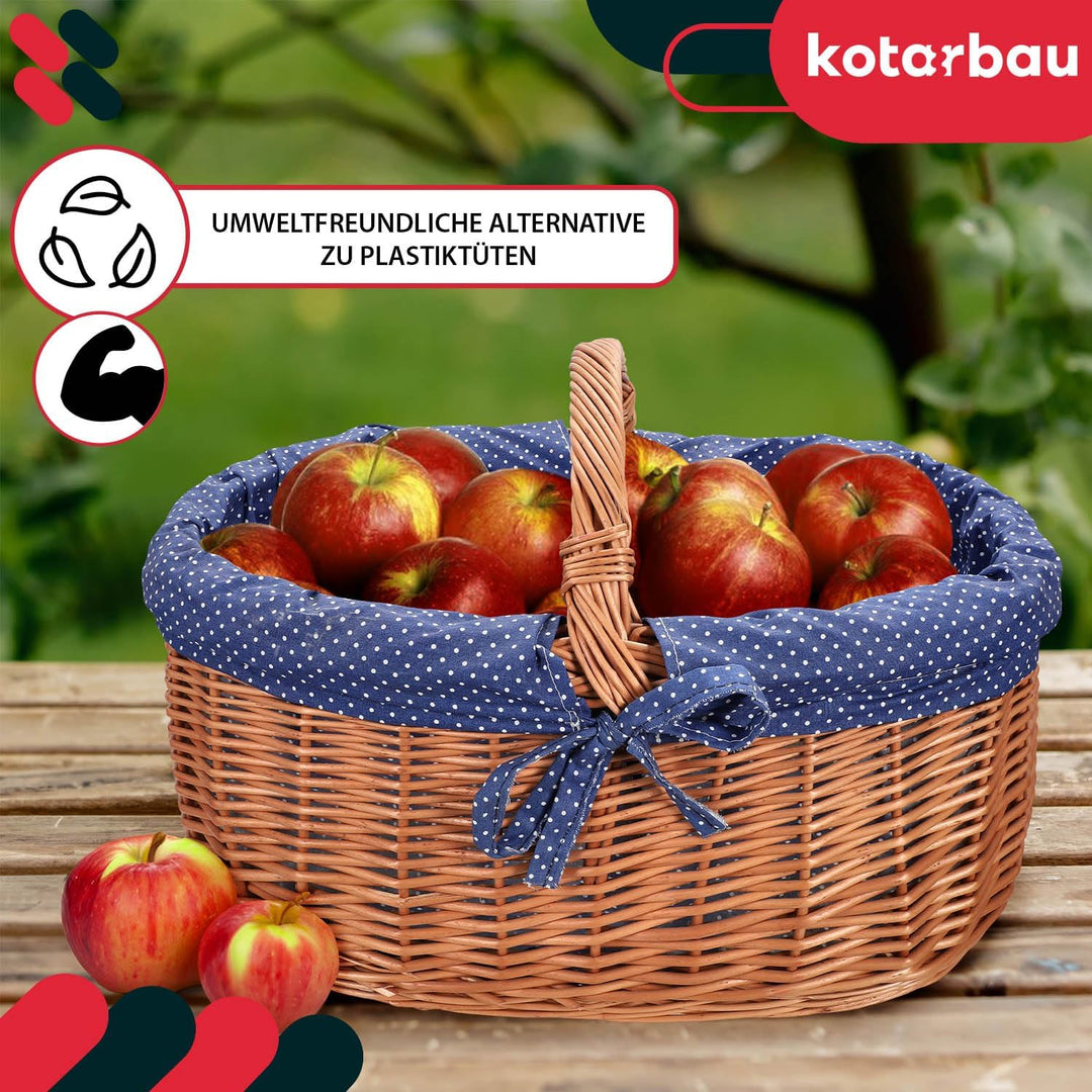 KOTARBAU® Natural Weidenkorb mit Henkel gross | mit Stoffeinlage in Blau | Tragekorb aus Weide Einka