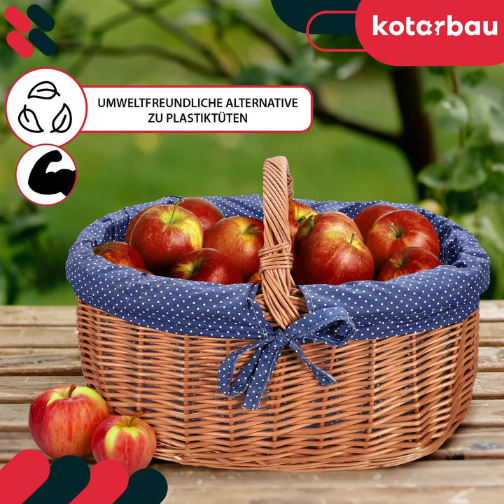 KOTARBAU® Natural Weidenkorb mit Henkel gross | mit Stoffeinlage in Blau | Tragekorb aus Weide Einka