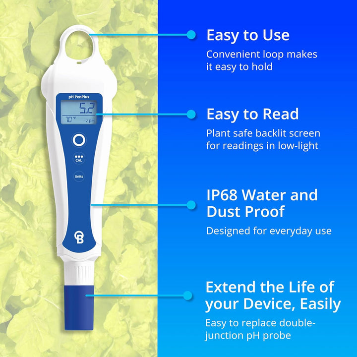 Bluelab pH PenPlus – pH- und Temperaturmessgerät mit austauschbarer Sonde, IP68 wasserdicht, beleuch