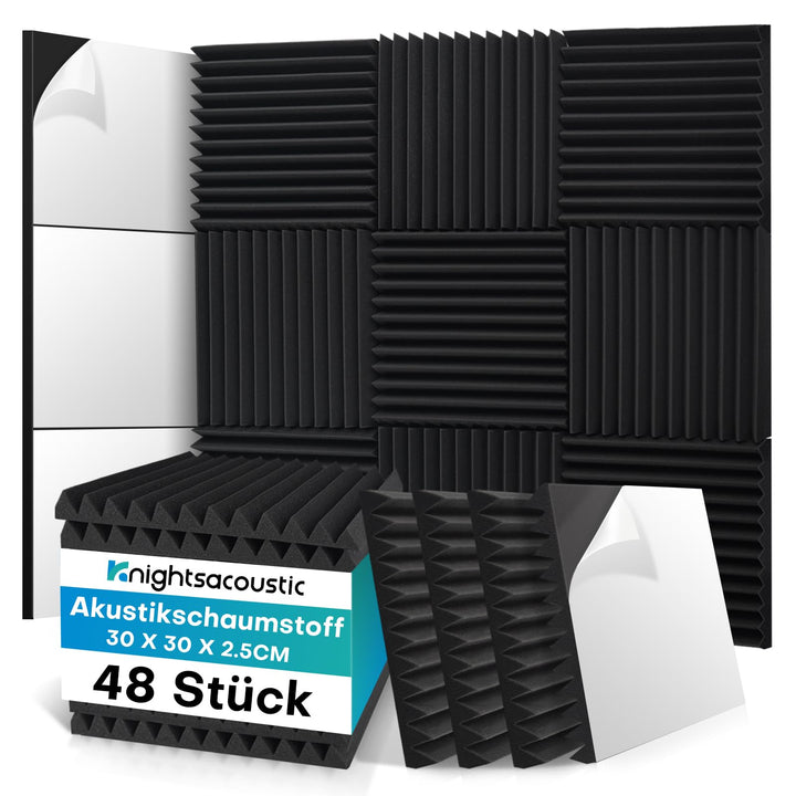 48 Stück Schalldämmung Akustikschaumstoff Selbstklebend, 2.5 X 30 X 30CM Schallschutzplatten, Akusti