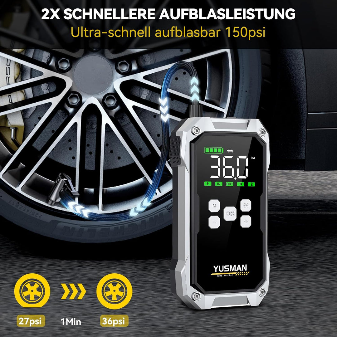 YUSMAN Starthilfe Powerbank mit Kompressor | 8000A Auto Starthilfe für alle Benzinmotoren & 7L Diese