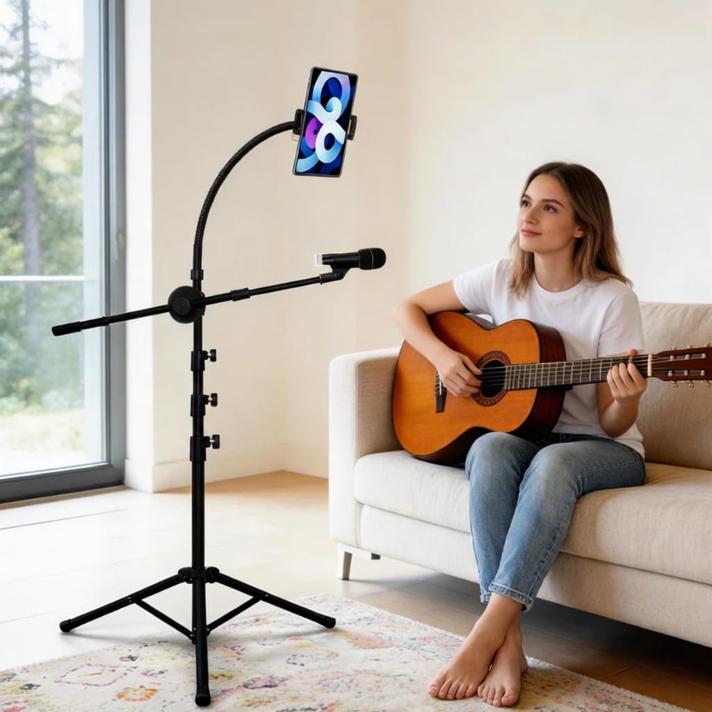 K KASONIC Mikrofonständer mit Tablet- und Telefonhalter, Verstellbarer Stativ-Boom-Mikrofonständer f