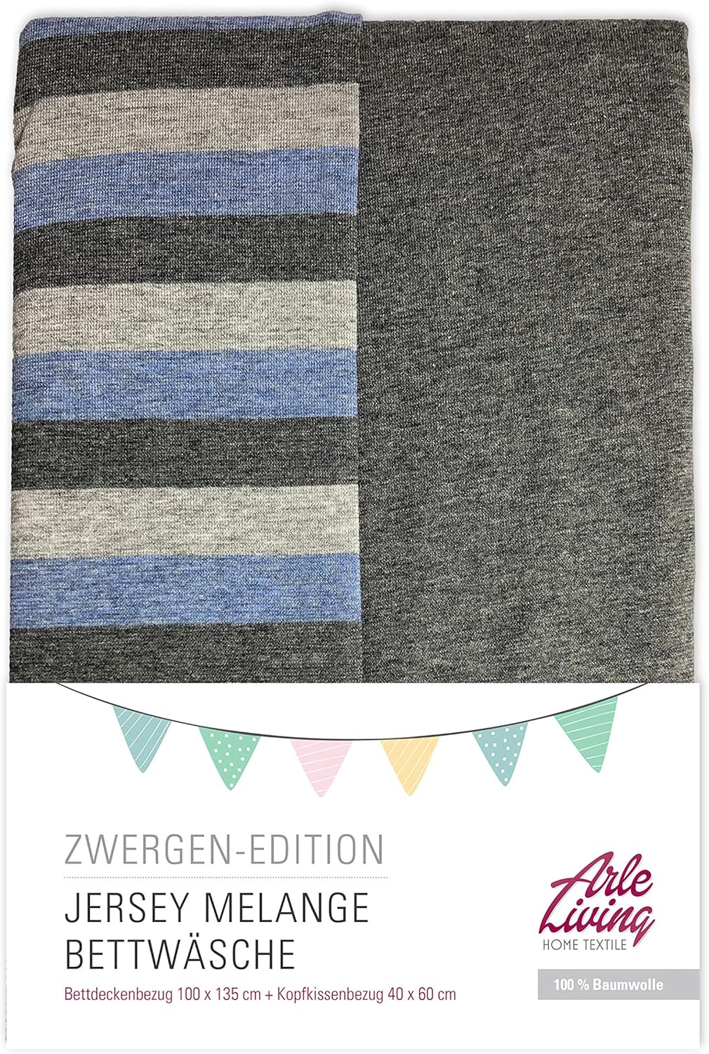 Arle-Living Baby Melange Jersey Bettwäsche Streifen/Uni - 100x135 cm + 40x60 cm meliert (blau-grau),
