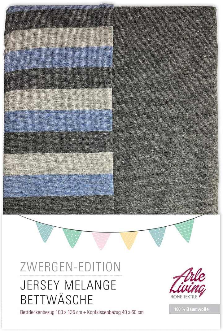 Arle-Living Baby Melange Jersey Bettwäsche Streifen/Uni - 100x135 cm + 40x60 cm meliert (blau-grau),