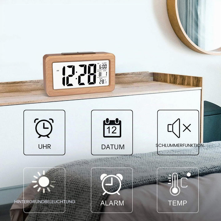 DTKID Wecker,Digital Wecker aus Holz Mit Grosser LCD Display Datum Und Temperatur Anzeige Mit Snooze