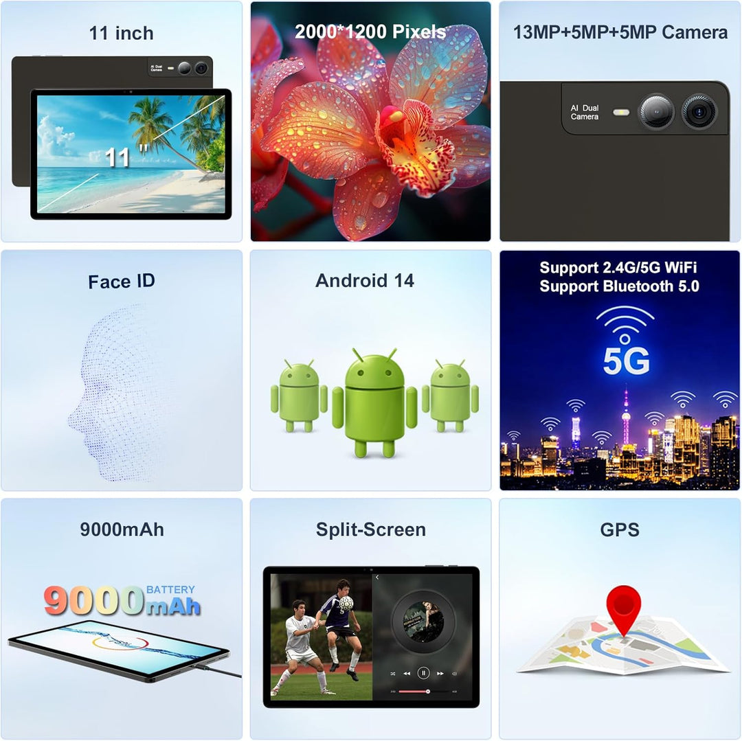 F11 2024 Tablet Android 14, 11 Zoll, 18 GB RAM, 128 GB ROM, 1 TB Erweiterung, 2K, WiFi 5G/2.4G, Kame