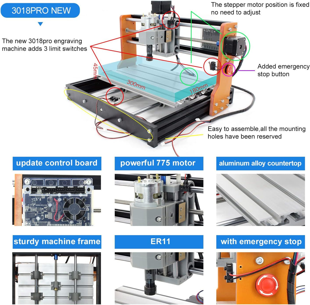 RATTMMOTOR Upgrade CNC 3018 Pro,3 Achsen GRBL Steuerung,mit X Y Z Achse Limiter+Not-Aus Funktion,DIY