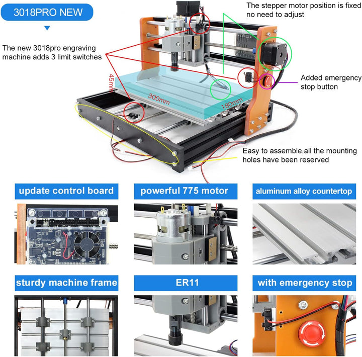 RATTMMOTOR Upgrade CNC 3018 Pro,3 Achsen GRBL Steuerung,mit X Y Z Achse Limiter+Not-Aus Funktion,DIY