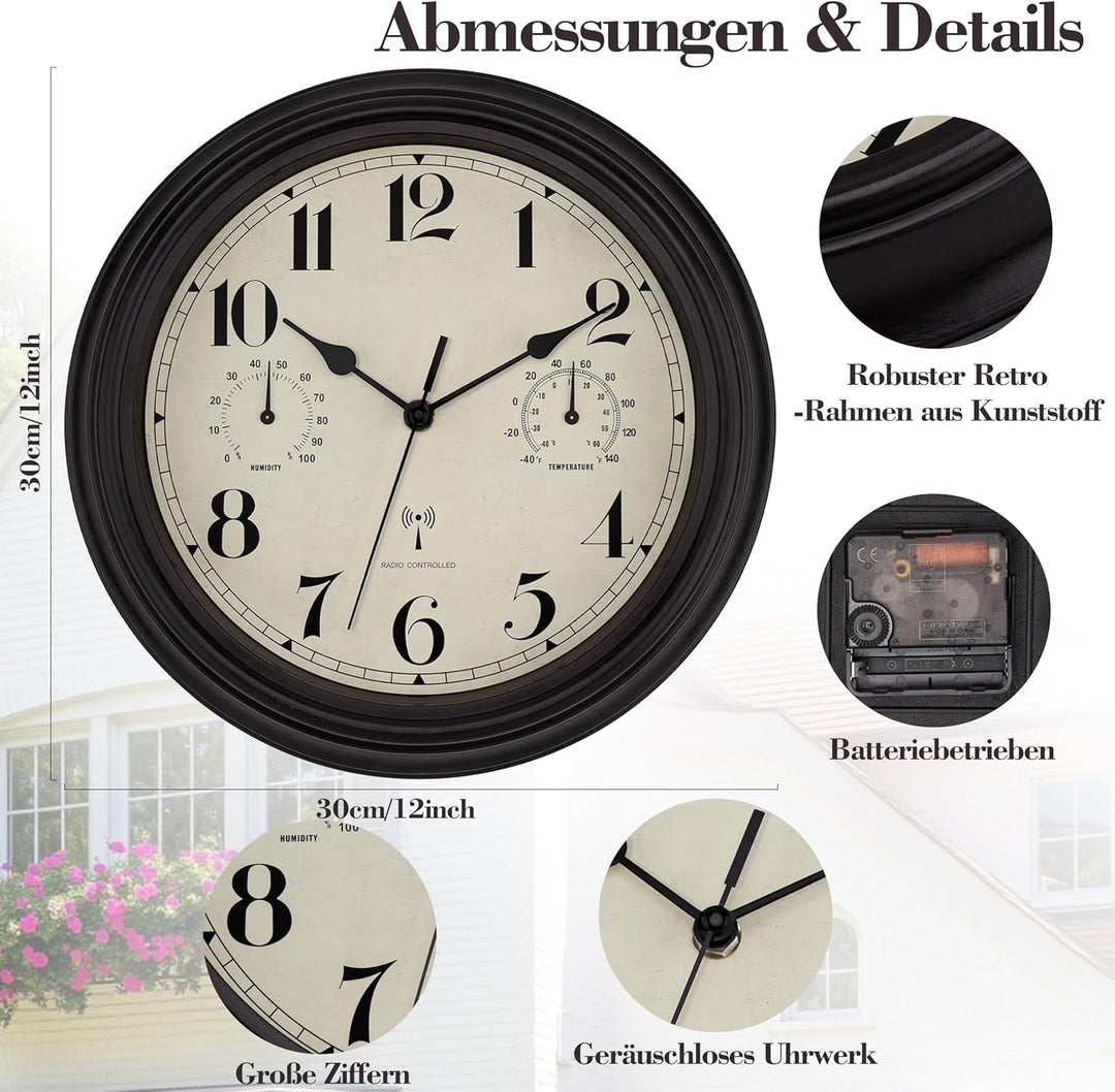 Foxtop Funk Wanduhr, Innen Draussen Wetterfeste Wanduhr mit Temperaturanzeige und Hygrometer, Ohne T
