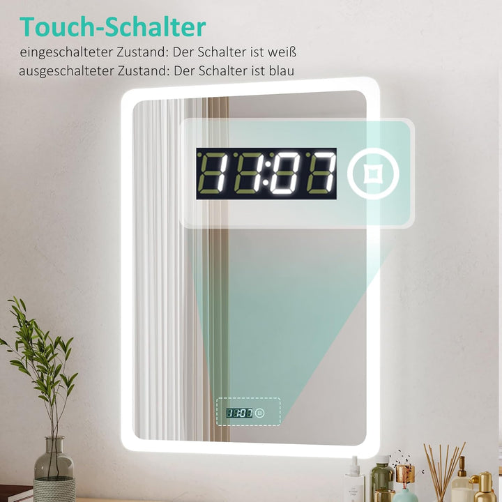 Boromal Badspiegel mit Uhr Badspiegel 50x70cm Badezimmerspiegel mit Beleuchtung 6500K Kaltweiss LED
