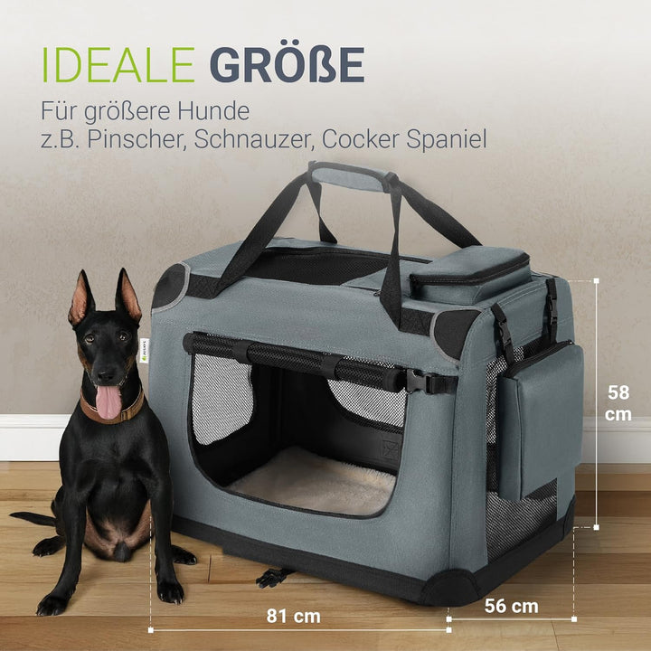 Juskys Hundetransportbox Lassie XL (grau) faltbar - 56 x 81 x 58 cm - Hundebox mit Decke, Tasche & G