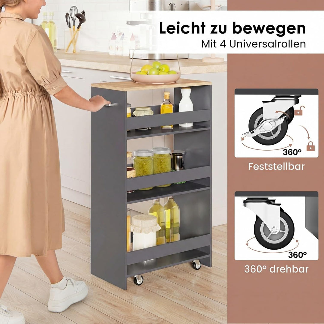 COSTWAY Nischenwagen 25cm breit, 4 Etagen Küchenwagen schmal, Nischenregal auf Rollen, Servierwagen