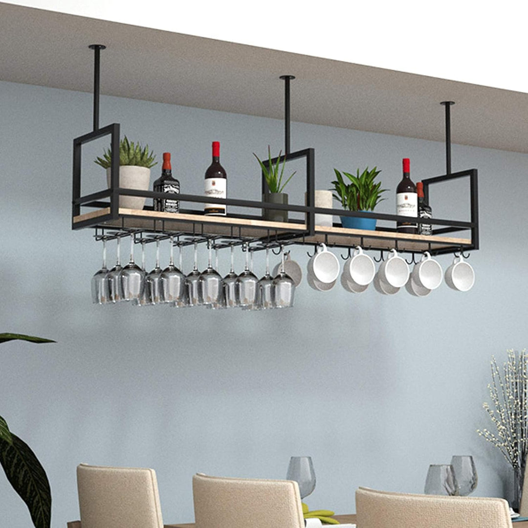 DSVONAUS Deckenregal Hängende Lagerregale Schwarz, Decke Weinglasregale, Eisen Massivholz Weinregal,
