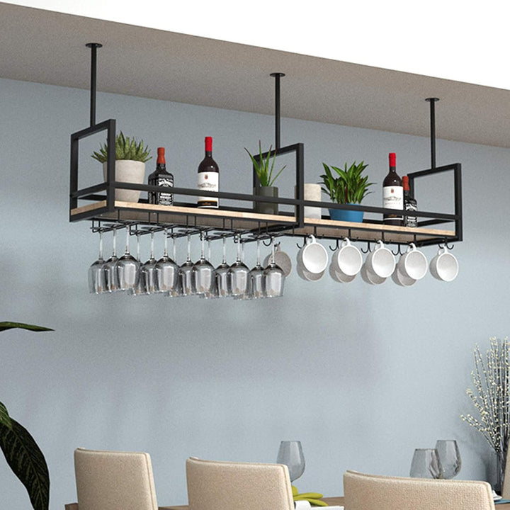 DSVONAUS Deckenregal Hängende Lagerregale Schwarz, Decke Weinglasregale, Eisen Massivholz Weinregal,