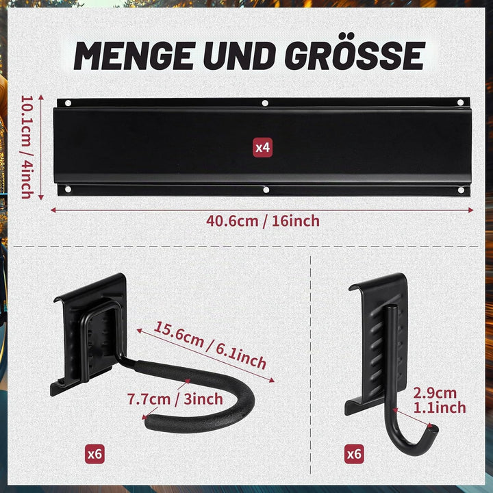 PYBTOOL Fahrradständer, Wandhalterung für Garagenfahrradständer, 6 Fahrradständer und 6 Helmhaken, M