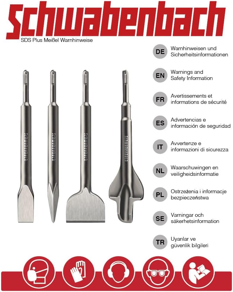SCHWABENBACH® SDS Plus Meissel Set 3-tlg. 250mm – Fliesenmeissel 40mm extra langer Kopf, Flachmeisse