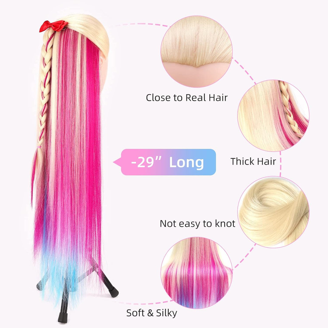 Yofuly Trainingskopf, 75 cm, Regenbogenfarben, Friseur, Mannequin, Puppe, Kunstfaser, Haarstyling-Se