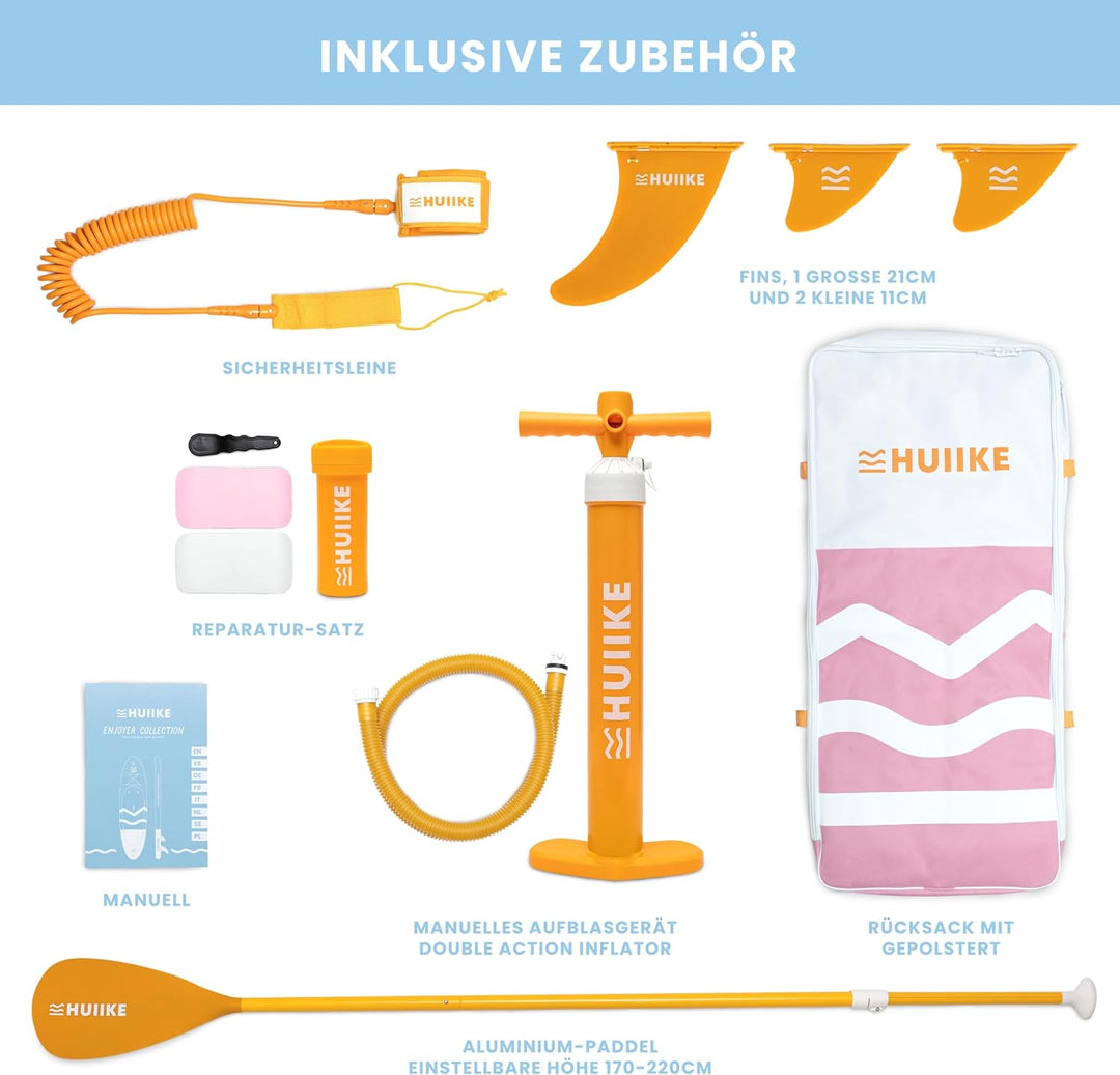 HUIIKE Stand Up Paddling Board mit Zubehör, Paddel, Finnen, Leash, Pumpe, Rucksack. SUP-Board Aufbla