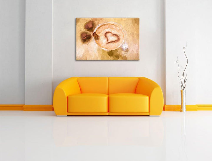 Pixxprint Cappuccino mit Herz als Leinwandbild/Grösse: 100x70 cm/Wandbild/Kunstdruck/fertig bespannt