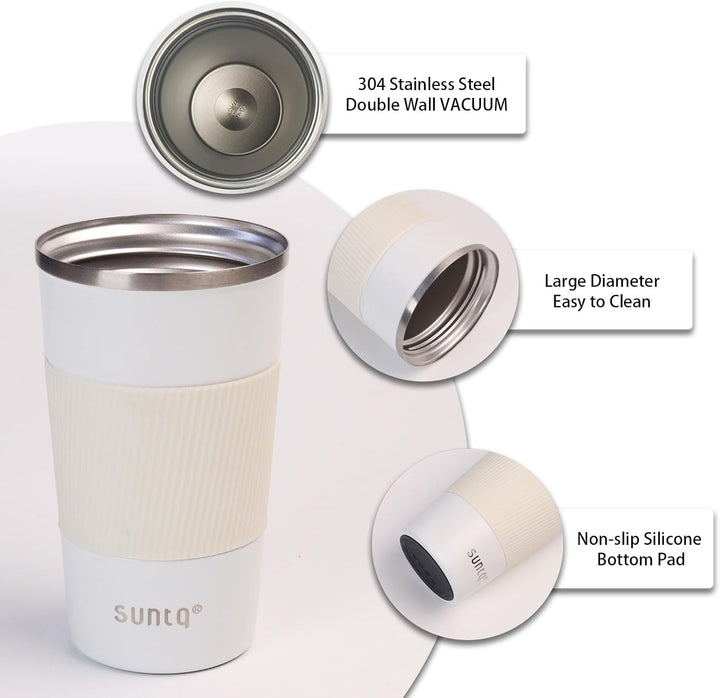 SUNTQ Kaffeebecher to go Thermo aus Edelstahl 380ml Thermobecher mit Gummierte Manschette Doppelwand