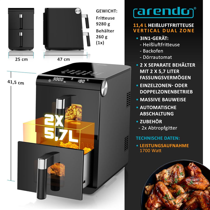 Arendo - Heissluftfritteuse XXL Dual Zone 2 Kammern – 11,4L Kapazität – 2 Zonen – Airfryer Doppelkam