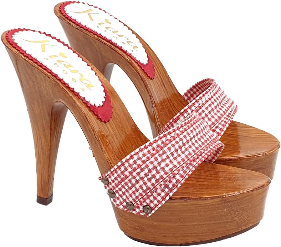Clogs im Pin-up-Stil mit rot kariertem Band Absatz 13 cm - Made in Italy - K9101 PIN UP (42 EU, ROT)