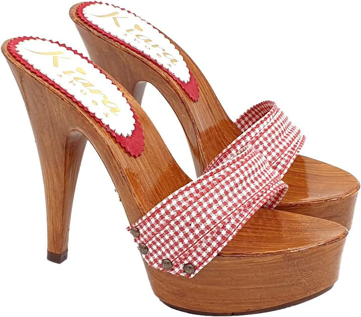 Clogs im Pin-up-Stil mit rot kariertem Band Absatz 13 cm - Made in Italy - K9101 PIN UP (42 EU, ROT)