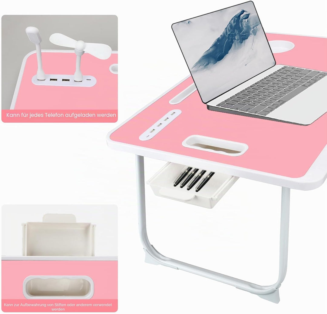 Laptop Betttisch, Faltbarer Laptop-Betttisch mit USB-Ladeanschluss, Griff, Kartenfach, Becherhalter,