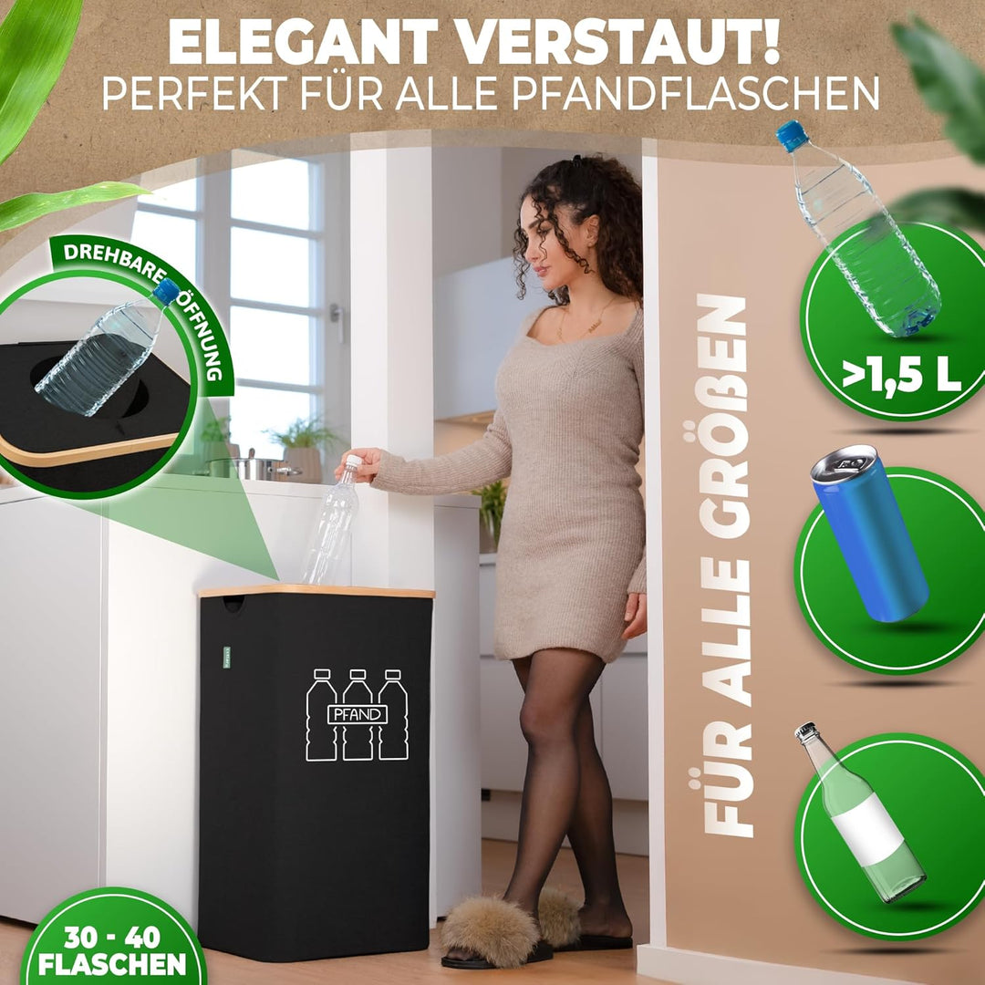 COTTARA® Pfandflaschen Sammelbehälter mit Deckel und Tragetasche | Pfandbehälter mit Loch drehbar |