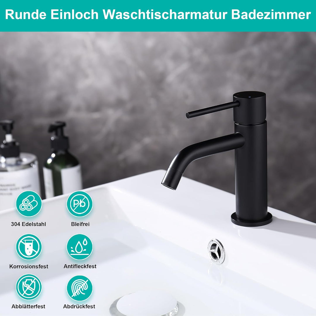 Wasserhahn Schwarz Matt Bad, Anti Ablösung Unterdruck Bleifrei Waschtischmischer mit Zulaufschlauch,
