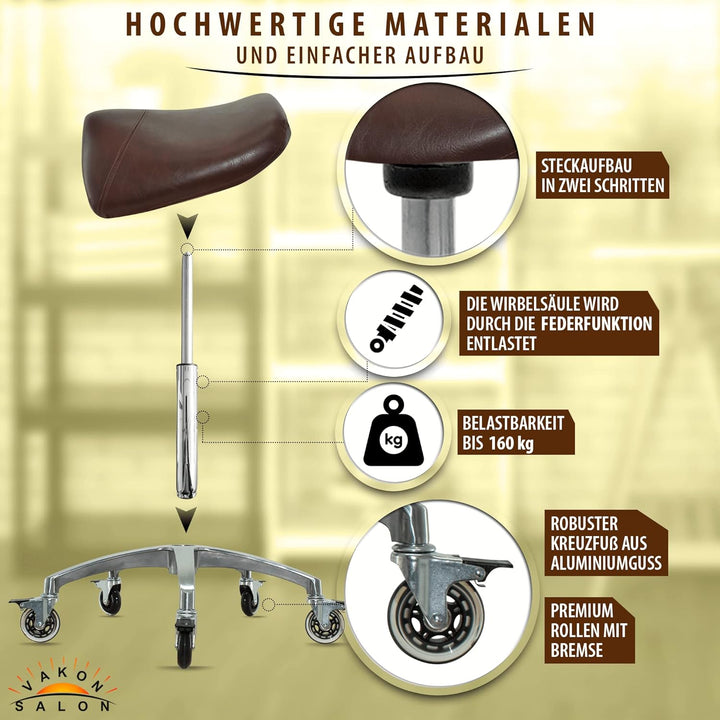 Premium Sattelhocker braun mit Bremse, Sattelstuhl für Rückenentlastung, Rollhocker höhenverstellbar