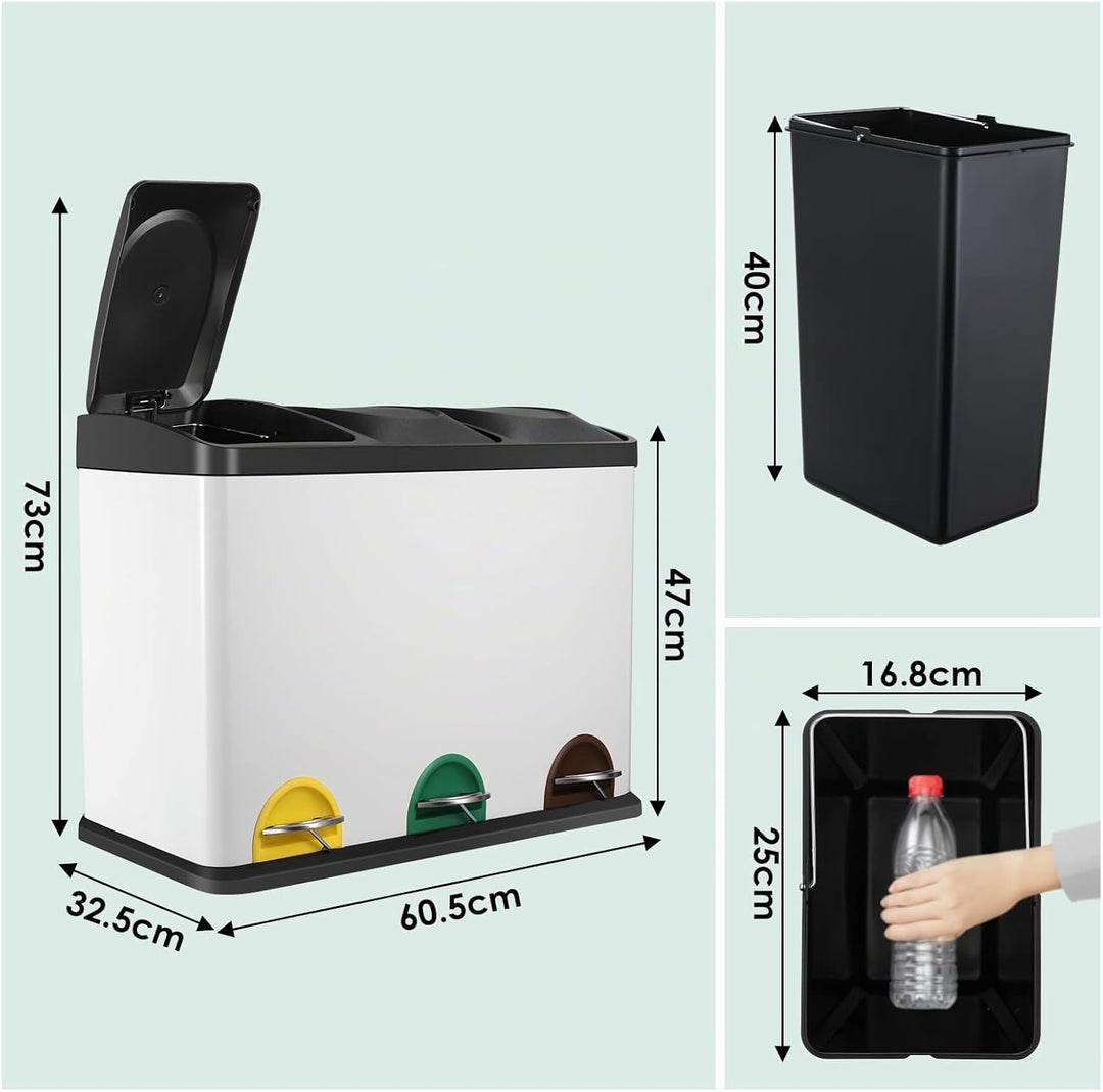LIFERUN Mülleimer 3 Fächer, 3X 15L Mülltrennsystem, 45 Liter Abfalleimer Küche, Gross Edelstahl Tret