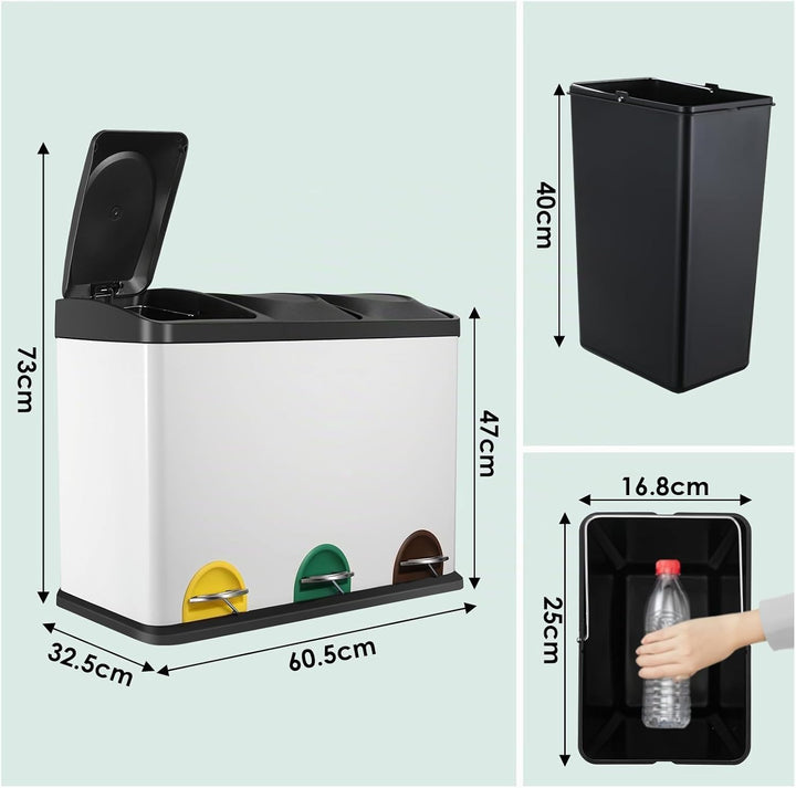 LIFERUN Mülleimer 3 Fächer, 3X 15L Mülltrennsystem, 45 Liter Abfalleimer Küche, Gross Edelstahl Tret