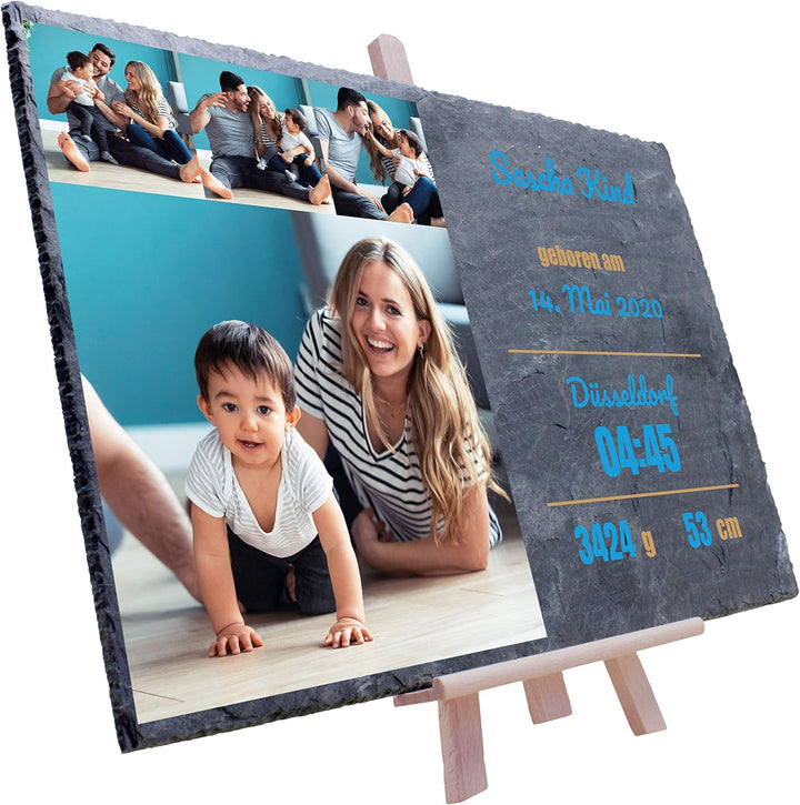 wandmotiv24 Schieferplatte mit eigenen Fotos zur Geburt, 30 x 20 cm, inklusive Staffelei, 4 Fotos +