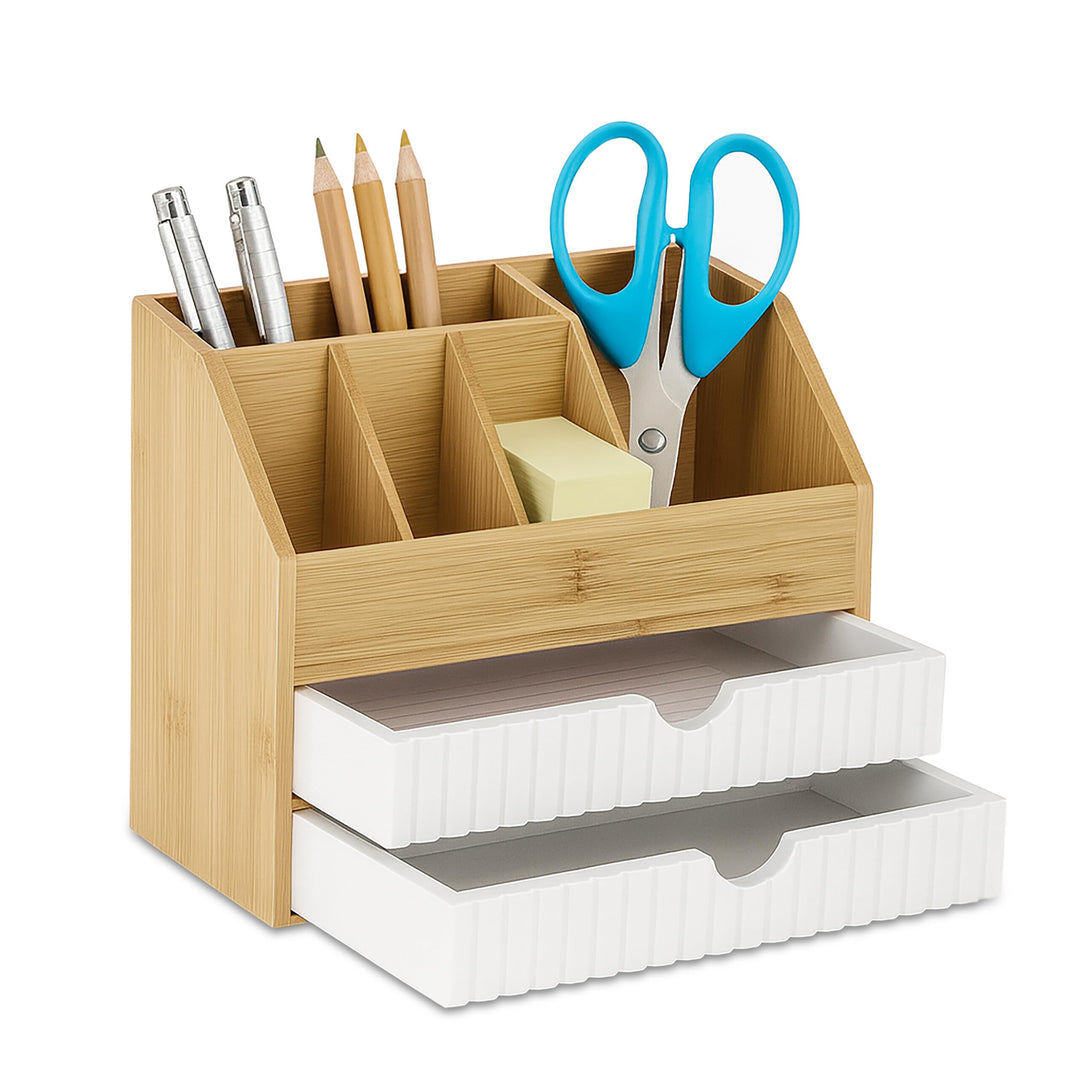 Relaxdays Schreibtisch Organizer, Schubladen & Fächer, HxBxT: 19 x 24 x 14 cm, Bambus & MDF, Büroauf