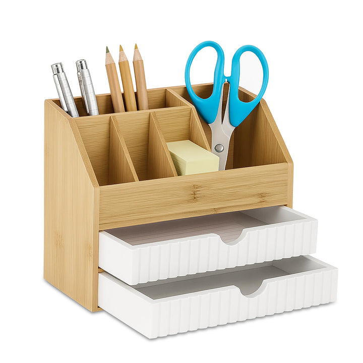 Relaxdays Schreibtisch Organizer, Schubladen & Fächer, HxBxT: 19 x 24 x 14 cm, Bambus & MDF, Büroauf
