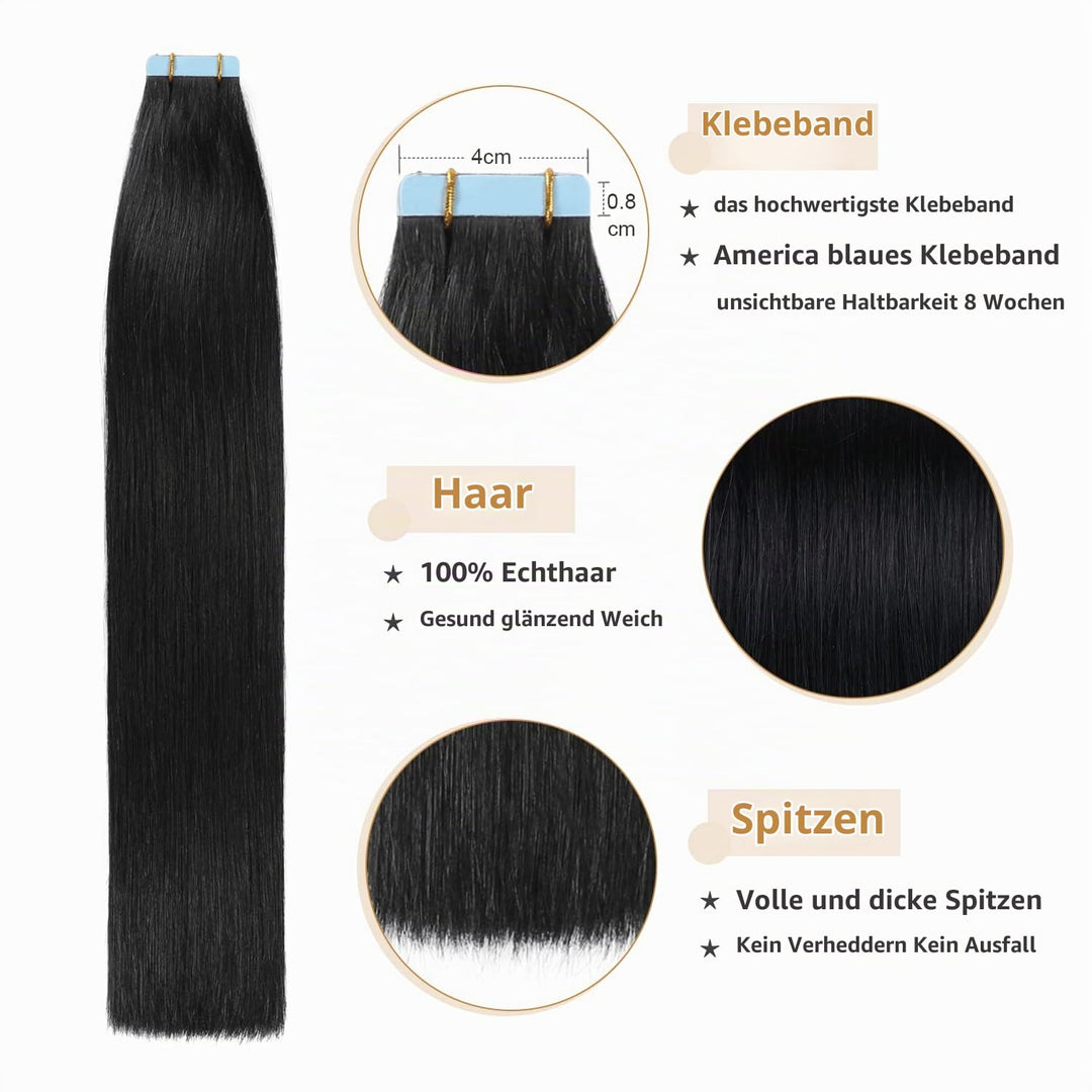 YILITE Tape Extensions Echthaar, Jet Black 60cm 20 Stück/Packung 50g Tape in Extensions Echthaar Inv