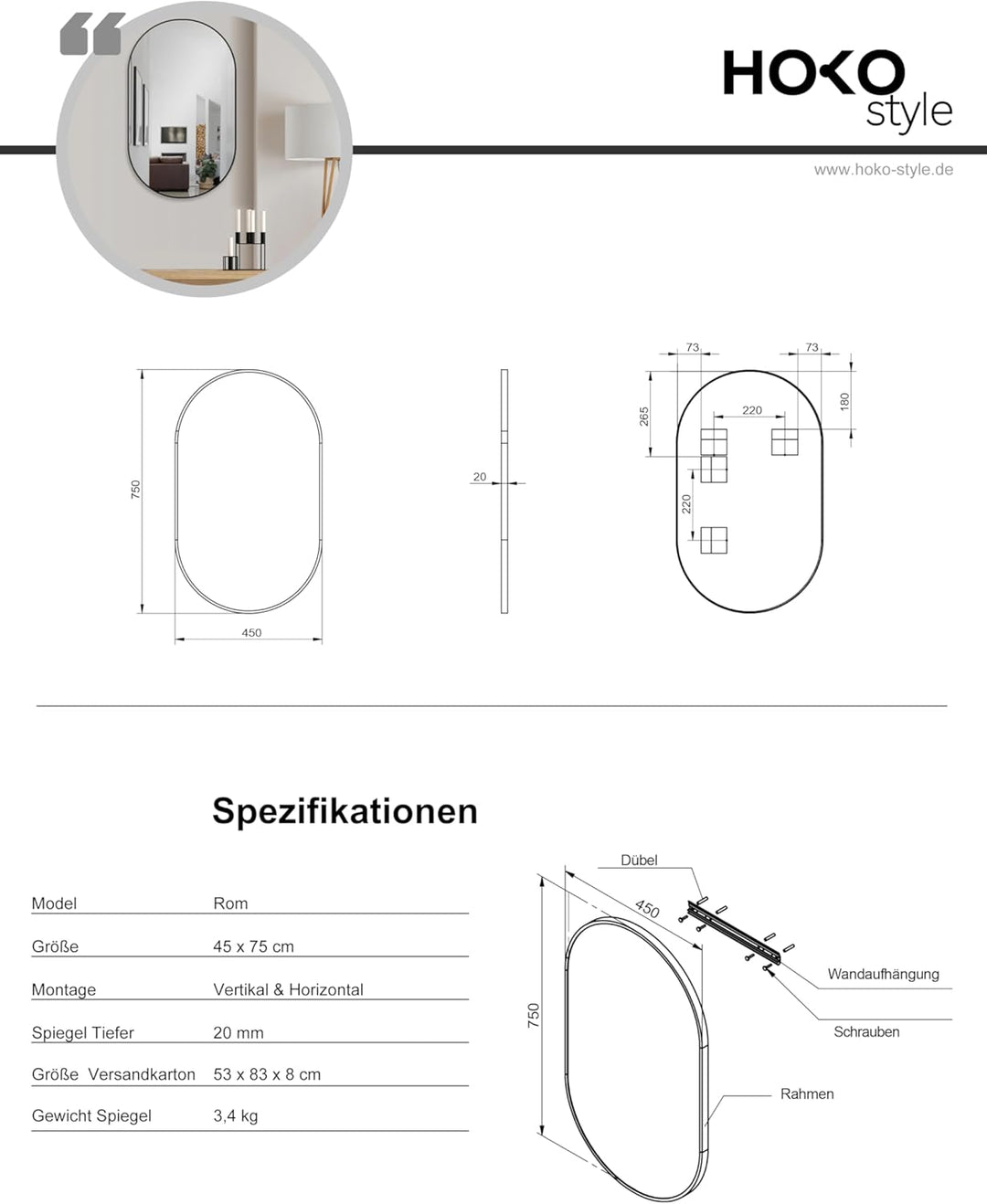 HOKO® Design Wandspiegel oval 45 x 75 cm mit Metall Rahmen Matt Schwarz. HOCH und QUER Montage mögli