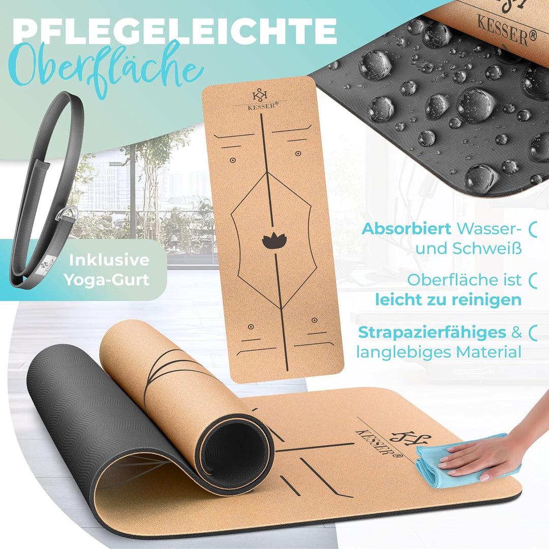 KESSER® Yogamatte Kork Inkl. Tragegurt Tasche & Yoga-Block Gymnastikmatte Yoga Matte rutschfest aus