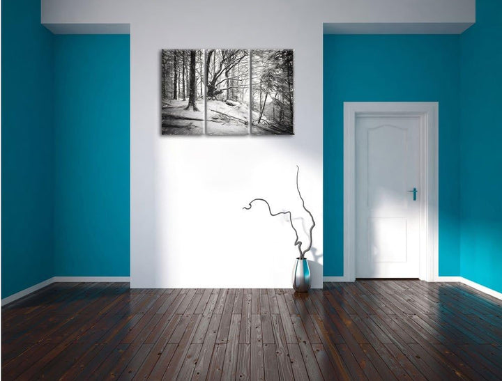 Pixxprint Wald mit Schnee bedeckt als Leinwandbild/Grösse: 3 Teilig (120x80) cm/Wandbild/Kunstdruck/