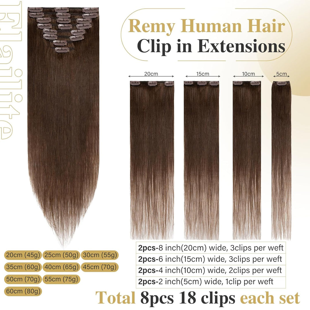 Elailite Extensions Echthaar Clip in 8 Tressen Glatt #4 Mittel braun, Haarverlängerung Real Human Ha
