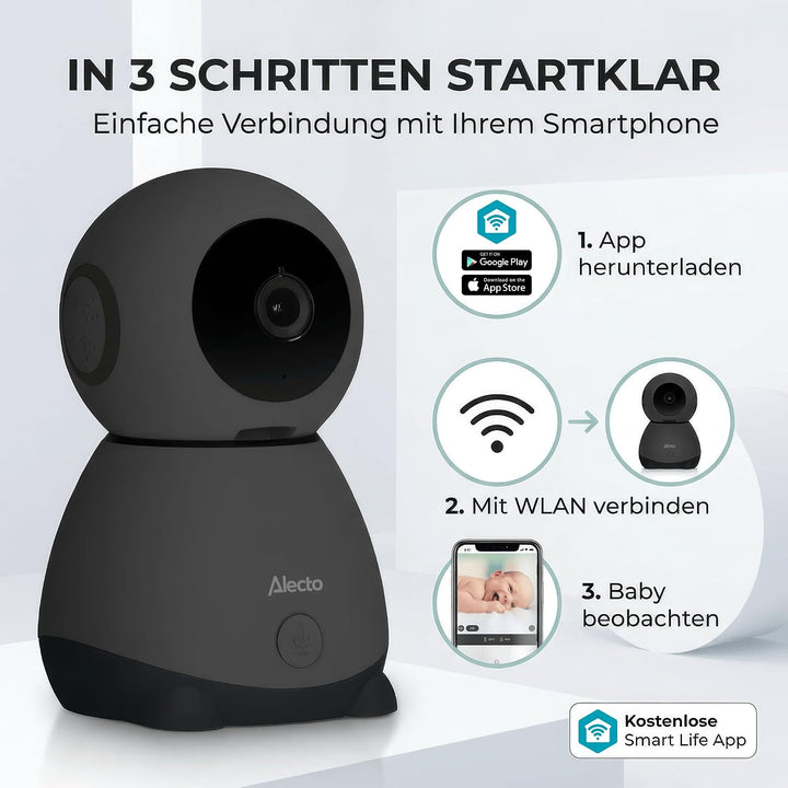 Alecto SMARTBABY10BK WiFi Babyphone mit Kamera HD 1080p - Indoor Smart Babyfon mit Mobiltelefonsteue