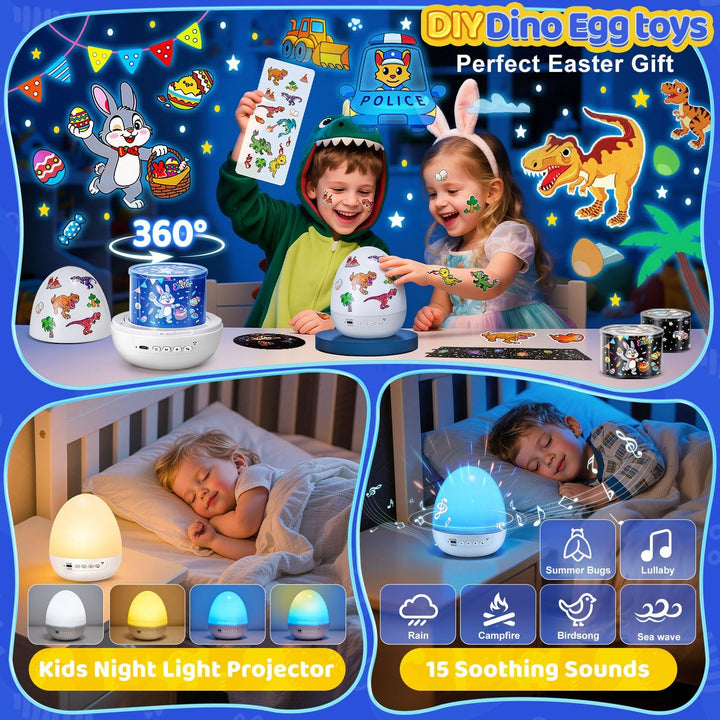 One Fire DIY Oster-Dino-Ei Projektor Kinder, Ostergeschenk für Jungen & Mädchen, Nachtlicht mit 14 F