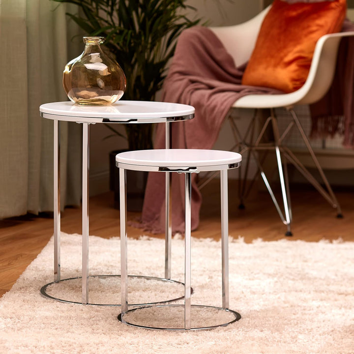 HAKU Möbel Beistelltisch 2er Set, MDF, chrom-weiss, Ø 30 x H 40 cm / Ø 40 x H 50 cm, Chrom-weiss