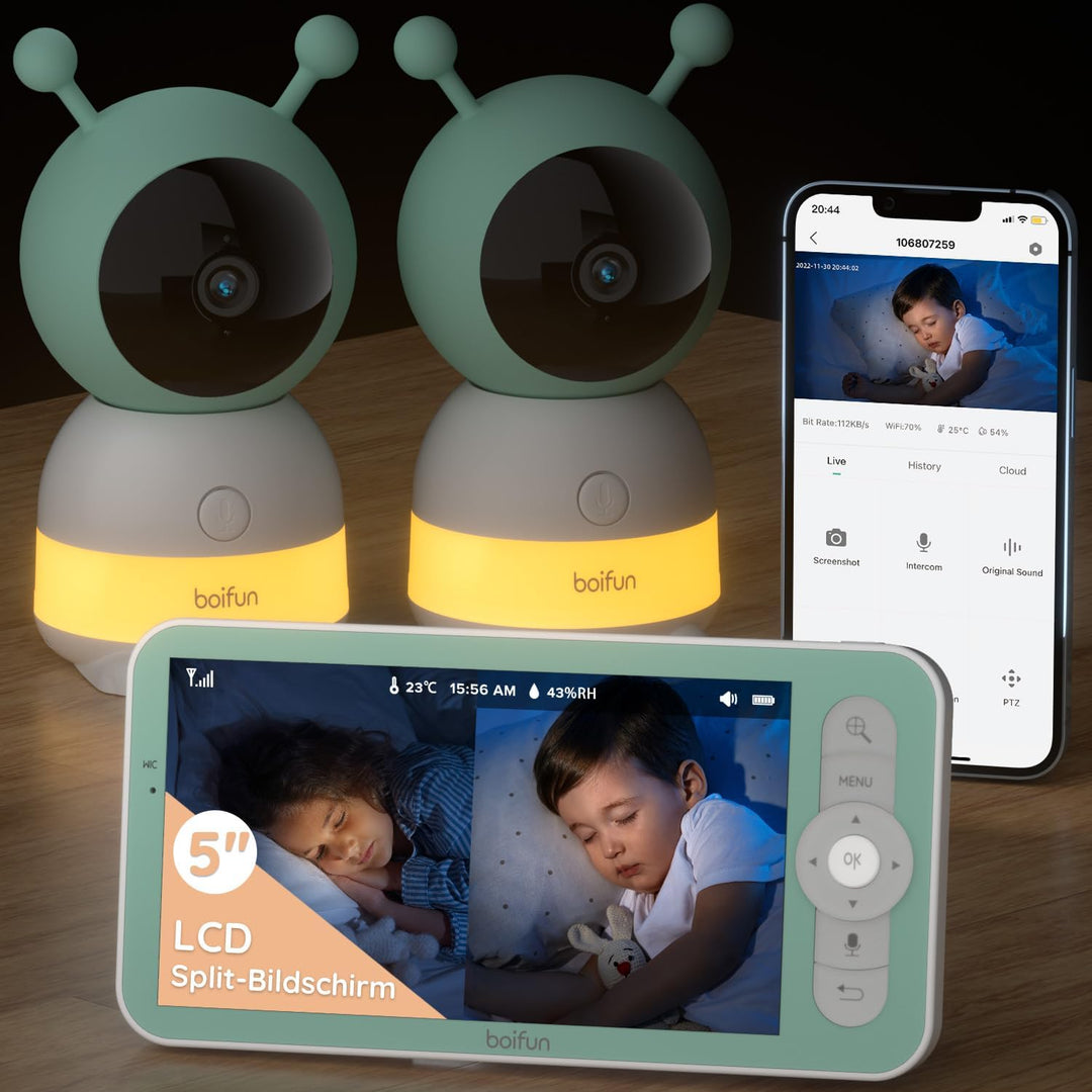 BOIFUN Babyphone mit 2 Kamera App, 2K HD Bild, PTZ 355°/60°, 4×Zoom, Automatische Verfolgung, Weinen