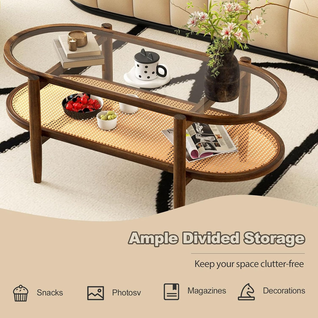 LIFEZEAL Couchtisch Glas aus Holz, Wohnzimmertisch mit 2 Ebenen, Sofatisch Glastisch aus Massivholz,